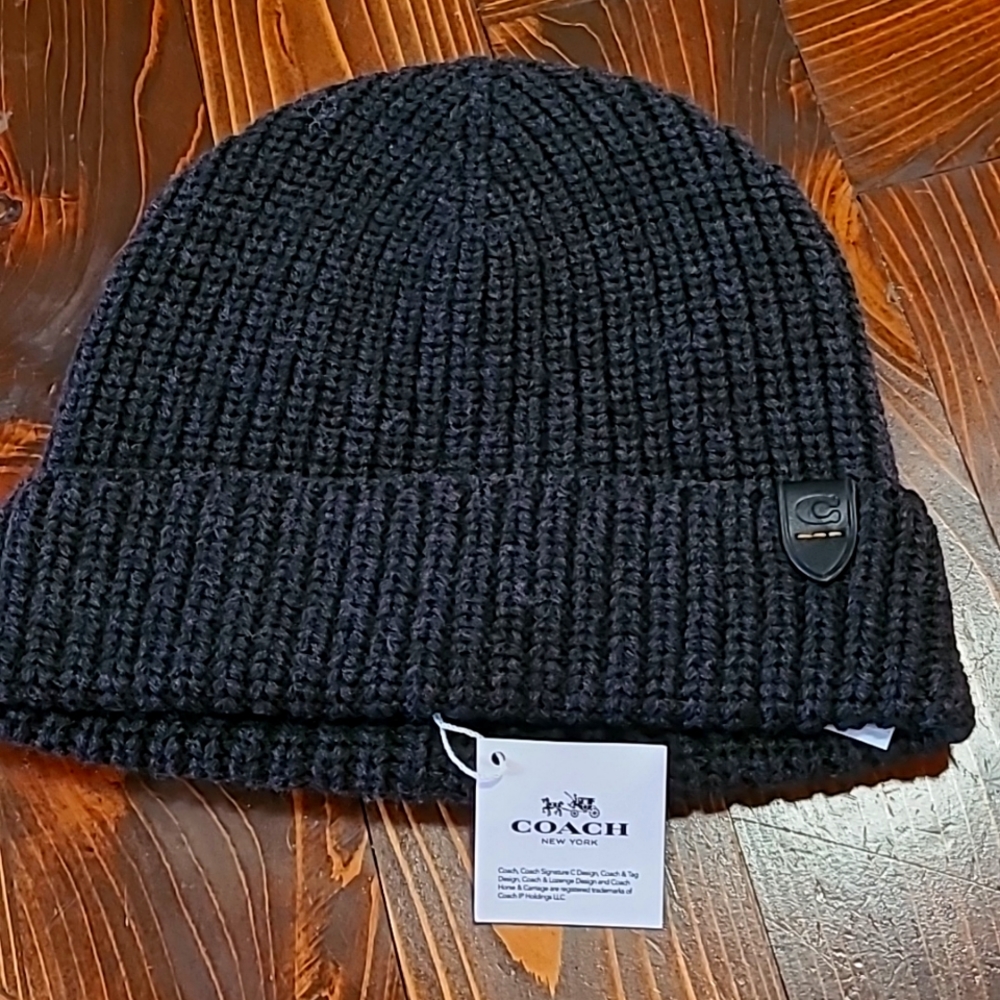 Coach grey merino wool winter knit cap,  toboggan, beanie.